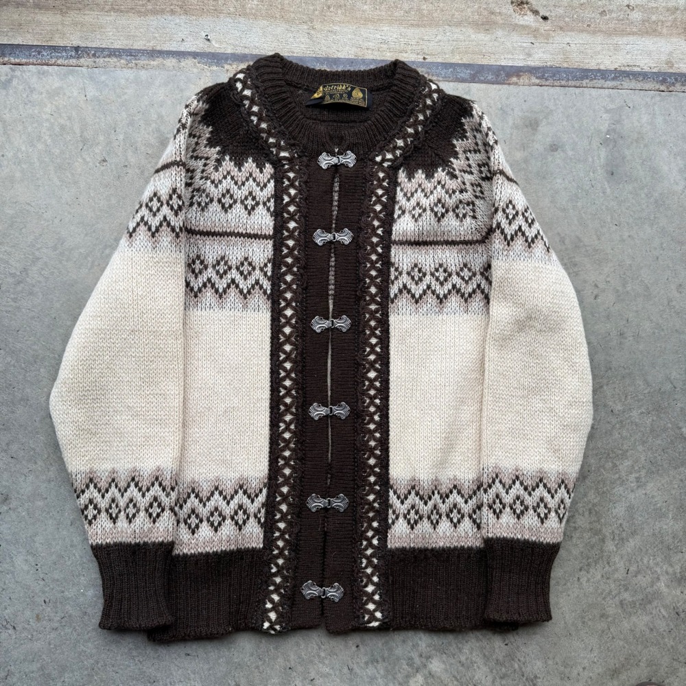Vintage Nordstrikk Norway Wool Cardigan Sweater Fair Isle Pewter Clasp Brown